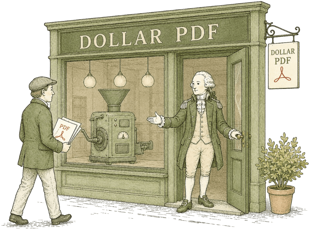 George Washington welcoming a customer to the Dollar PDF conversion shop